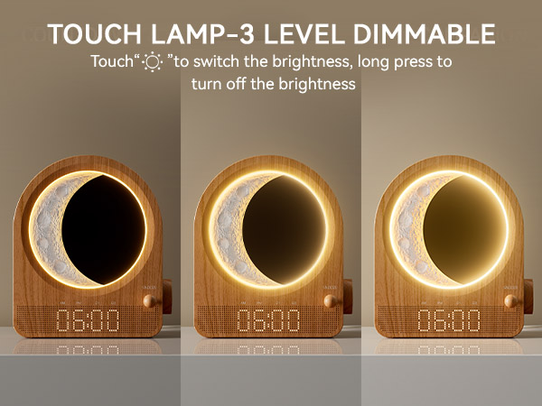 Text reads 'TOUCH LAMP-3 LEVEL DIMMABLE' and 'Touch x2 to switch the brightness, long press to turn off the brightness'. Sequence showing warm lighting at different brightness levels.