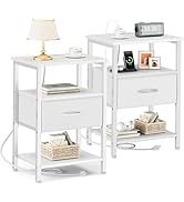 Vagusicc Night Stand Set 2, White Nightstand with Charging Station, Bed Side Table with Drawer, E...