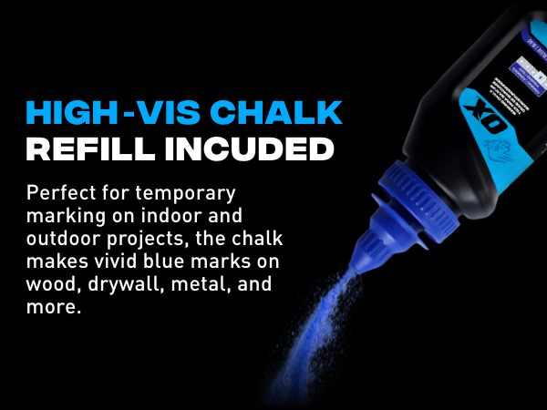 Includes high-vis blue chalk refill for temporary marking on drywall, metal, and more.