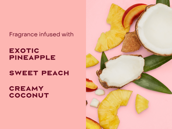 Image of fragrance infusion ingredients: exotic pineapple, sweet peach, and creamy coconut.