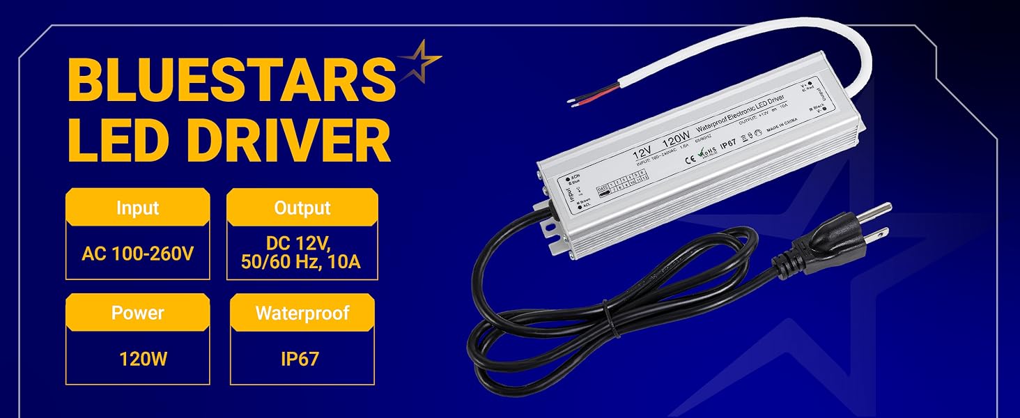 120W 12V LED Power Supply Driver 10A with US Standard 3-Prong Plug by BlueStars