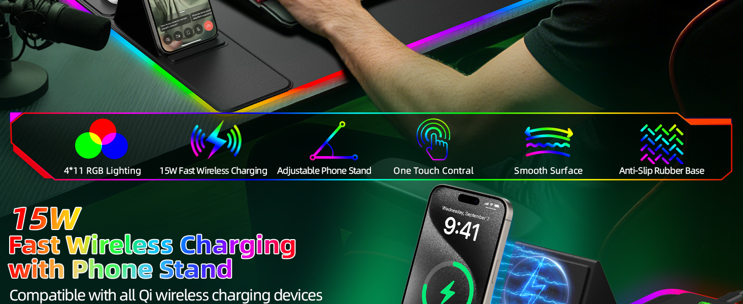 XXL RGB Mouse Pad Gaming with Wireless Charging Foldable Phone Holder
