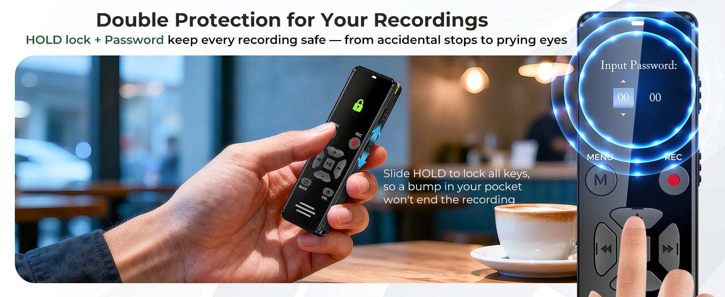 L359 Digital recorder hold lock and password protection for your recordings