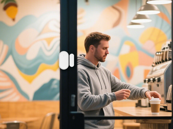 Wireless door sensor or security device mounted on wall next to colorful mural background in cafe or office setting.