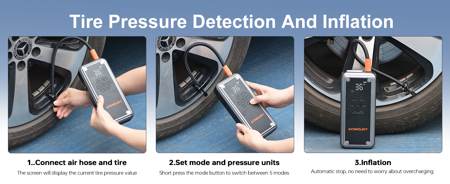 Portable tire pressure detector and inflator device shown in use. Three-panel image demonstrates connecting to tire, setting mode and pressure, and automatic inflation process.