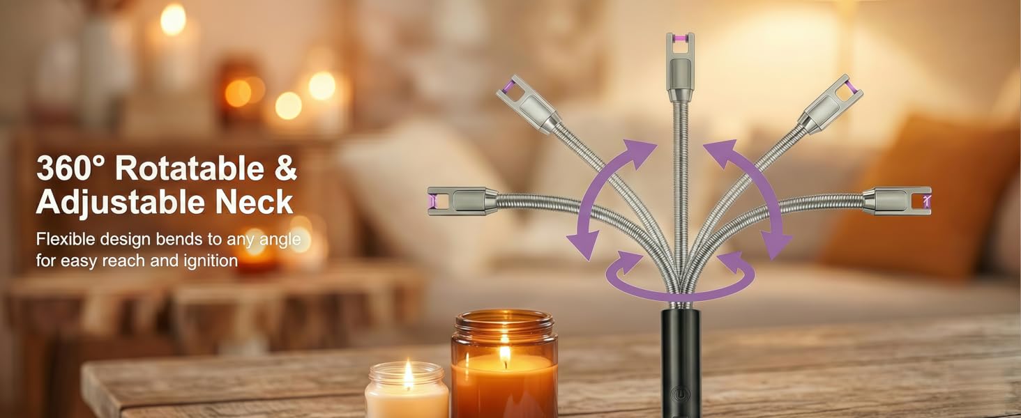 Full view of a long black electric candle lighter with a flexible metal neck bent into a curve