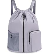 WANDF Drawstring Backpack Sports Gym Bag with Shoes Compartment, Water-Resistant String Beach Sac...