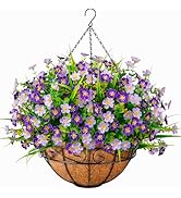 Ouddy Decor Artificial Hanging Flowers with Basket, Faux Silk Flowers in Coconut Lining Basket, S...