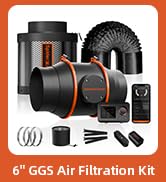 6-inch air filtration kit components including black ducting, filters, and connectors arranged on orange background.