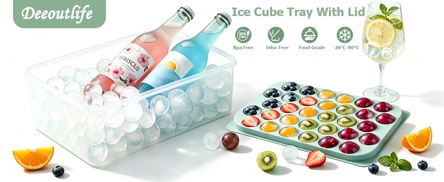 Ice cube tray with lid and beside many fruit