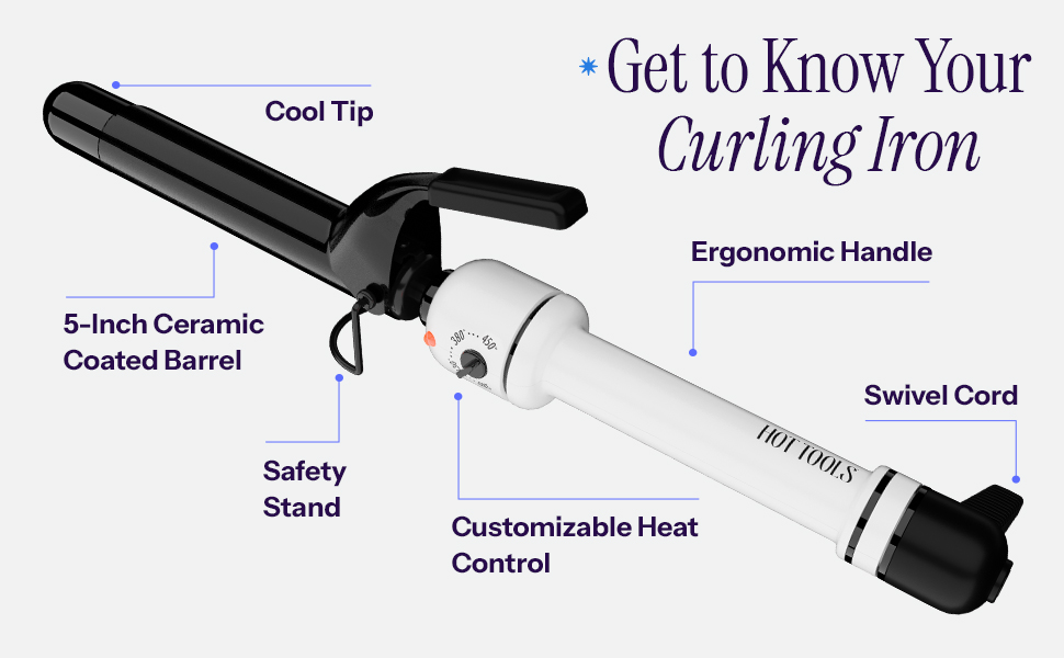 curling iron features cool tip, 5 inch coated ceramic barrel, safety stand, swivel cord and more