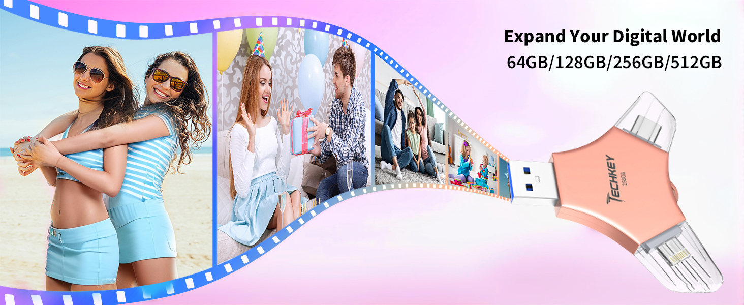 USB 3.0 Flash Drive for iPhone 256GB: MFi Certified 3in1 External Memory Photo Keeper Storage Stick