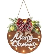 HOMCDALY Merry Christmas Sign for Front Door, Wooden Hanging Sign Door Decoration with 12 LED Lig...