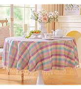 Laolitou Round Checkered Easter Tablecloth Washable Buffalo Plaid Spring Table Cloth with Tassel ...
