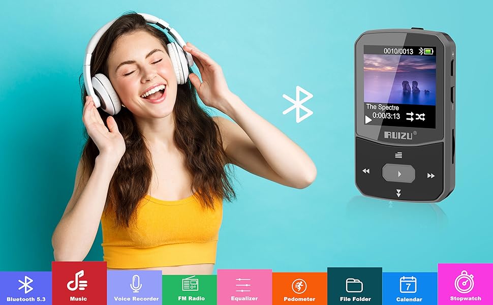 64GB MP3 Player with Clip Bluetooth OTG Hifi Lossless Sound FM Radio Voice Recorder Sport Running