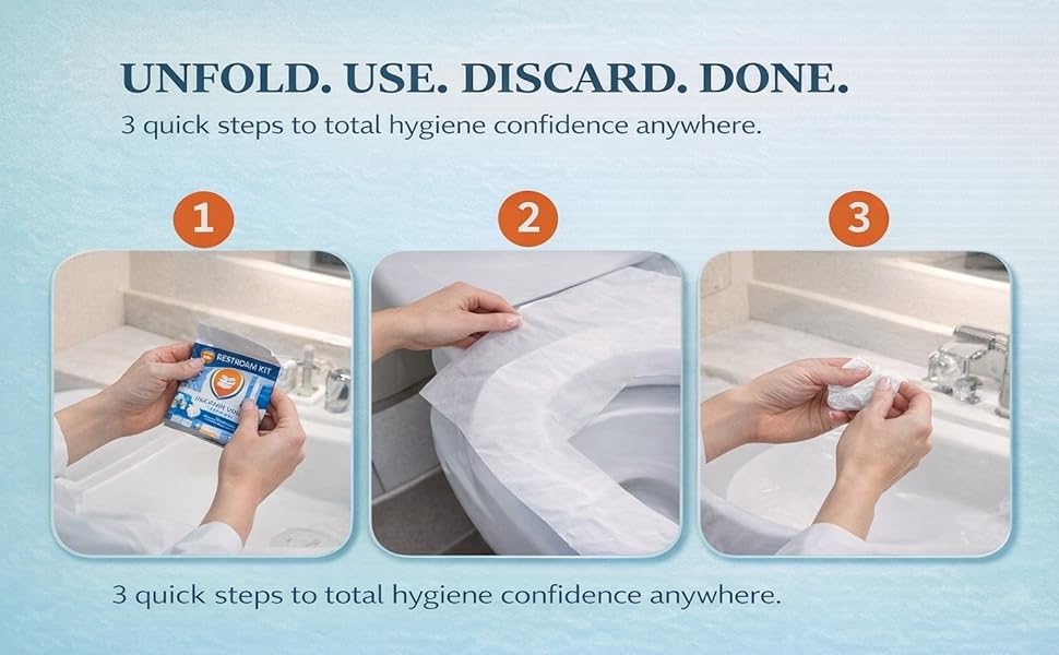 Easy as 123. seat cover, toilet paper, and wipe
