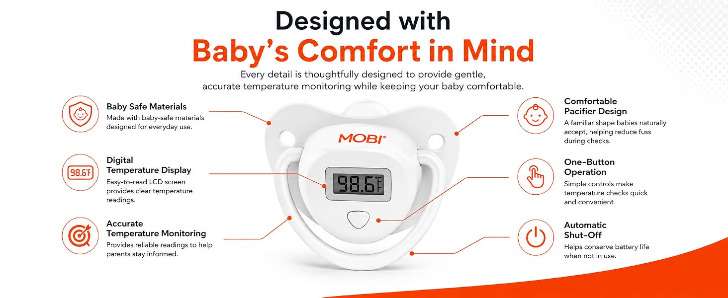 MOBI Pacifier Thermometer for Babies - Digital Baby Thermometer with LCD Display, Soft Tip, Temperat...