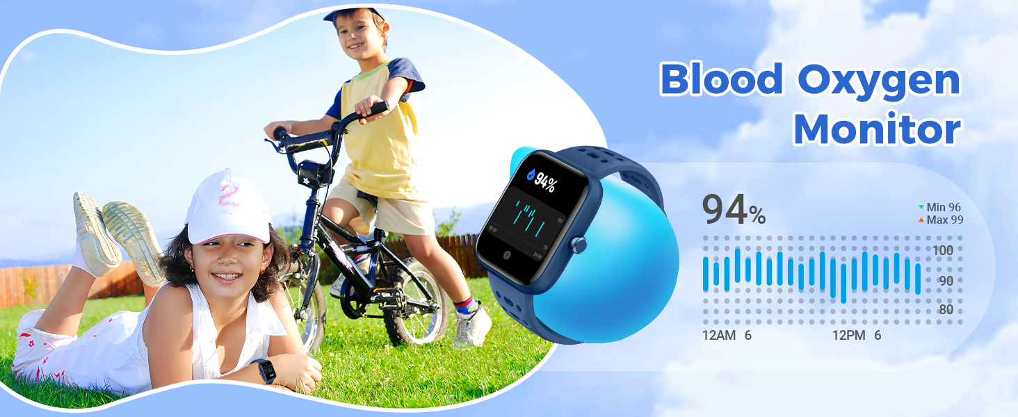 Wearable blood oxygen monitor with blue wristband and digital display showing 94% oxygen level. Image includes background scenes of people engaging in outdoor activities.