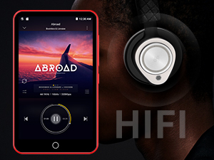 Mobile device displaying music player interface with 'ABROAD' text, alongside 'HIFI' headphone or audio equipment in dark setting.