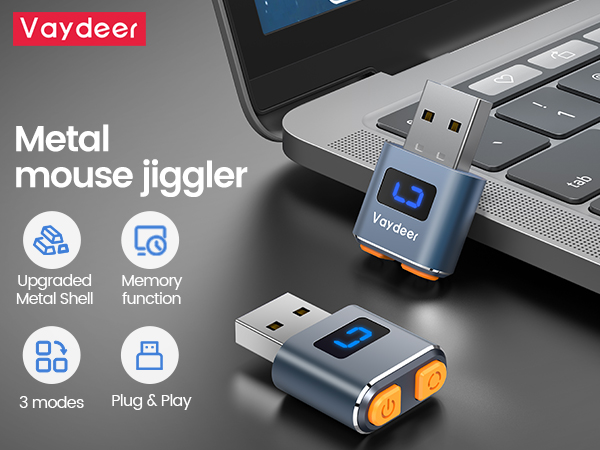 Text reads 'Vaydeer Metal mouse jiggler'. Product shown is a small USB device with blue LED indicator being inserted into laptop port.