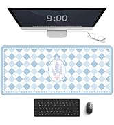 Aesthetic Checkered Floral Mouse Pad Large,35.4" × 15.7" Blue Desk Mat,Non-Slip Rubber Base,Water...