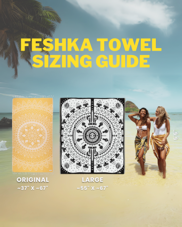 Feshka Turkish towel sizing guide – Original (37”x67”) and Large (55”x67”), beach-ready design.