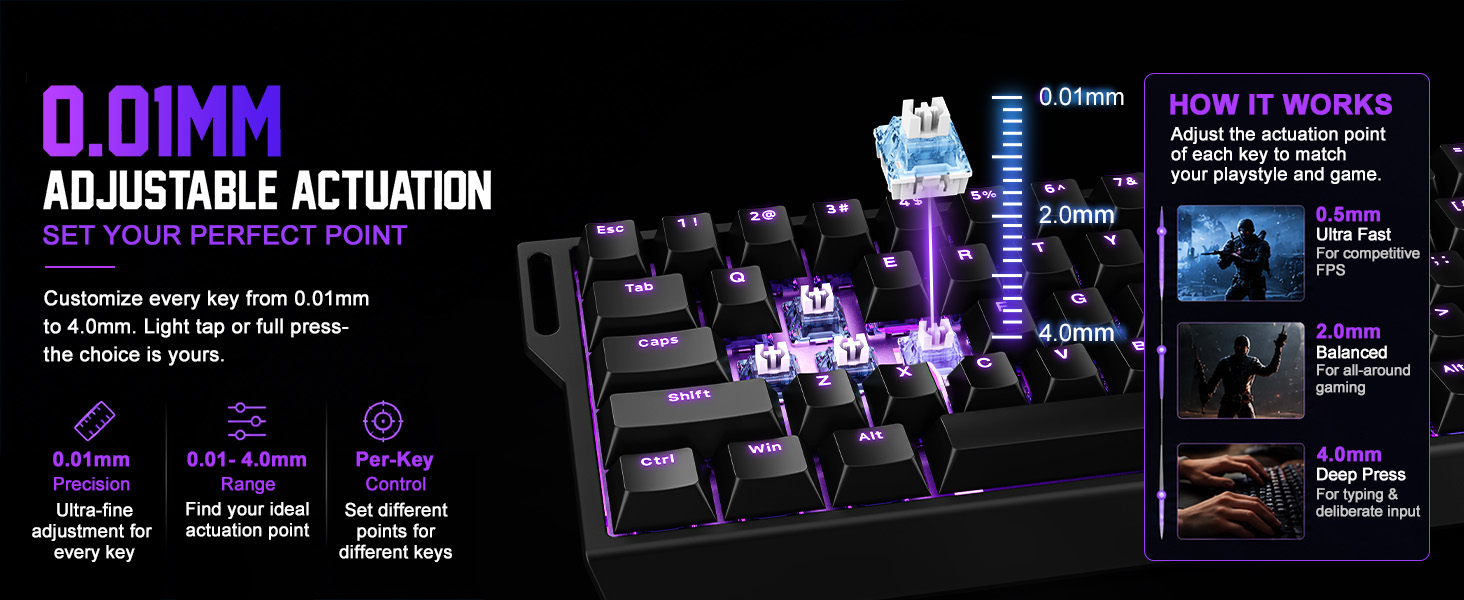 Rapid Trigger 0.01mm adjustable actuation magnetic switches gaming keyboard zero delay FPS Apex