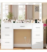FIONESO Vanity with Large Mirror and 12 LED Lights, Vanity Desk with 7 Drawers &amp; Hairdryer Holder...