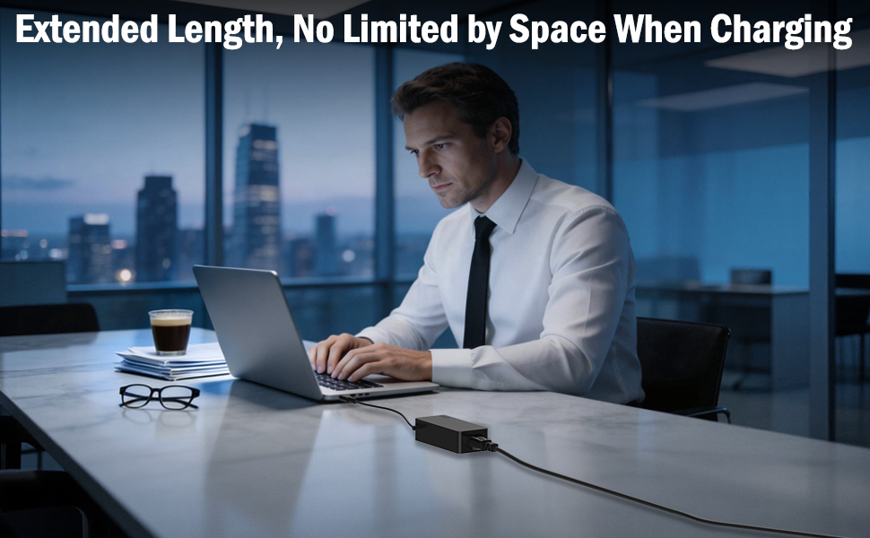 Text reads: 'Extended Length, No Limited by Space When Charging'. Professional office setting at night with laptop user working at desk against city skyline backdrop.