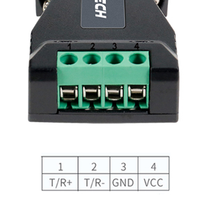RS485 link: 4 position terminal block pinout, 1 for T/R+, 2 for T/R-, 3 for GND, 4 for VCC