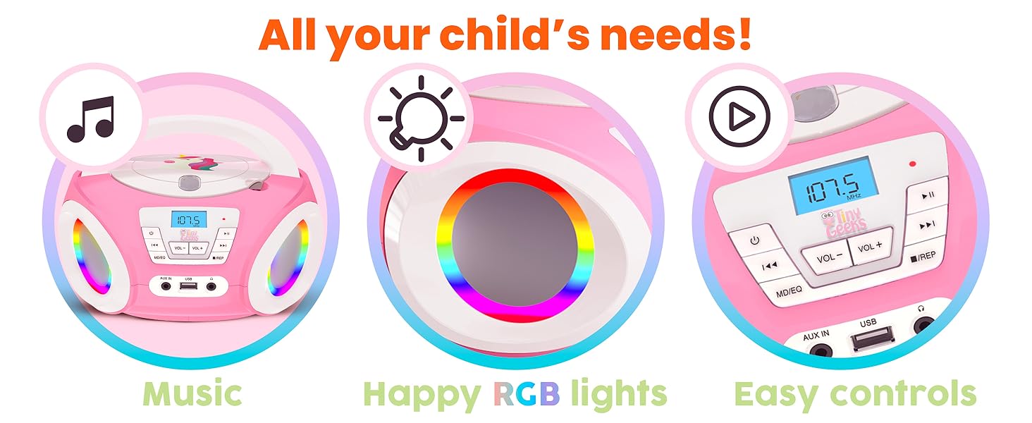 Text reads 'All your child's needs!' Product features shown include 'Music', 'Happy fun lights', 'Easy controls' with pink-themed circular icons demonstrating various functions.