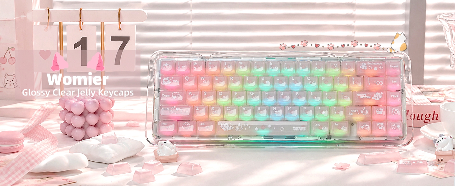 Clear Jelly Keycaps, Pink Cat Shine Through Keycaps Thick PC+ABS Crystal Translucent Keycaps