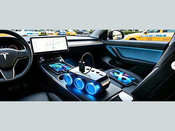 Rideshare driver with charger splitter while passengers charge phones.For Uber, Lyft, taxi drivers.