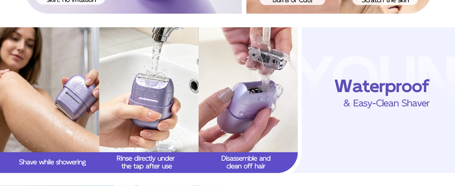Text reads 'Waterproof &amp; Utra-Clean Shape'. Three lifestyle photos showing product usage with hands, accompanied by blue banner with product features and specifications.