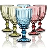 Youeon Set of 6 Colored Wine Goblets, 10 Oz Wine Glasses Set with Embossed Pattern, Colored Wine ...