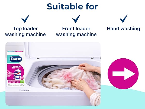 Carbona color run remover suitable for top load, front load, and hand wash laundry use