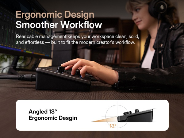 Content creator adjusting Maono P2 audio interface ergonomic 13 degree angled metal panel knob