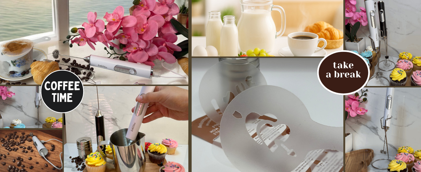 Collage, BellaVitas frother whisking milk, cocoa shaker, latte stencils, milk/coffee, cupcakes.