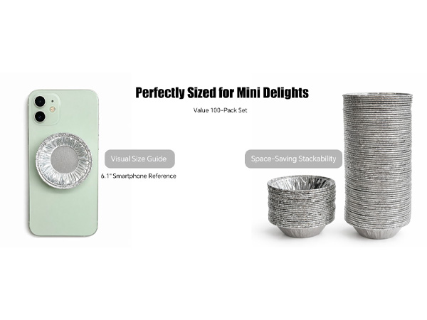 Mini tart foil molds vs smartphone size 100 piece bulk pack stackable storage for party.