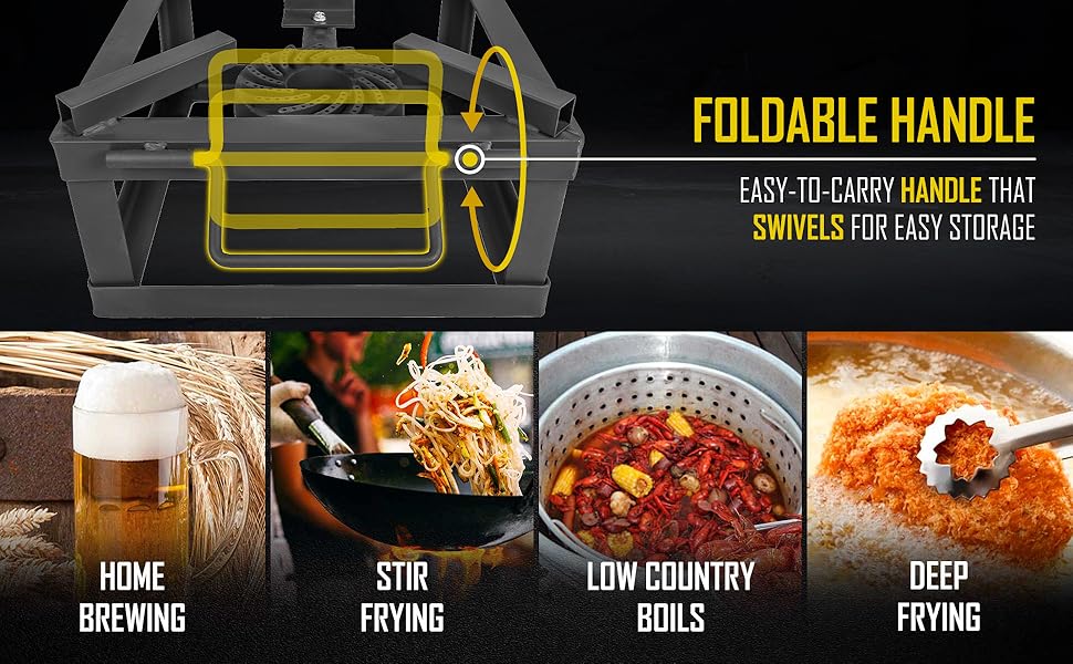foldable handle, use for home brew, stir fry, low country boil, deep fry, and more