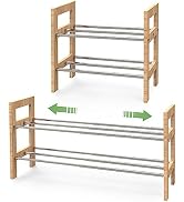Marching Pin 2 Tier Expandable Shoe Rack, Adjustable Shoes Organizer Storage Shelf, Wooden and Me...