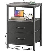 Huuger Nightstand with Charging Station, Side Table with Fabric Drawers, End Table with Open Shel...