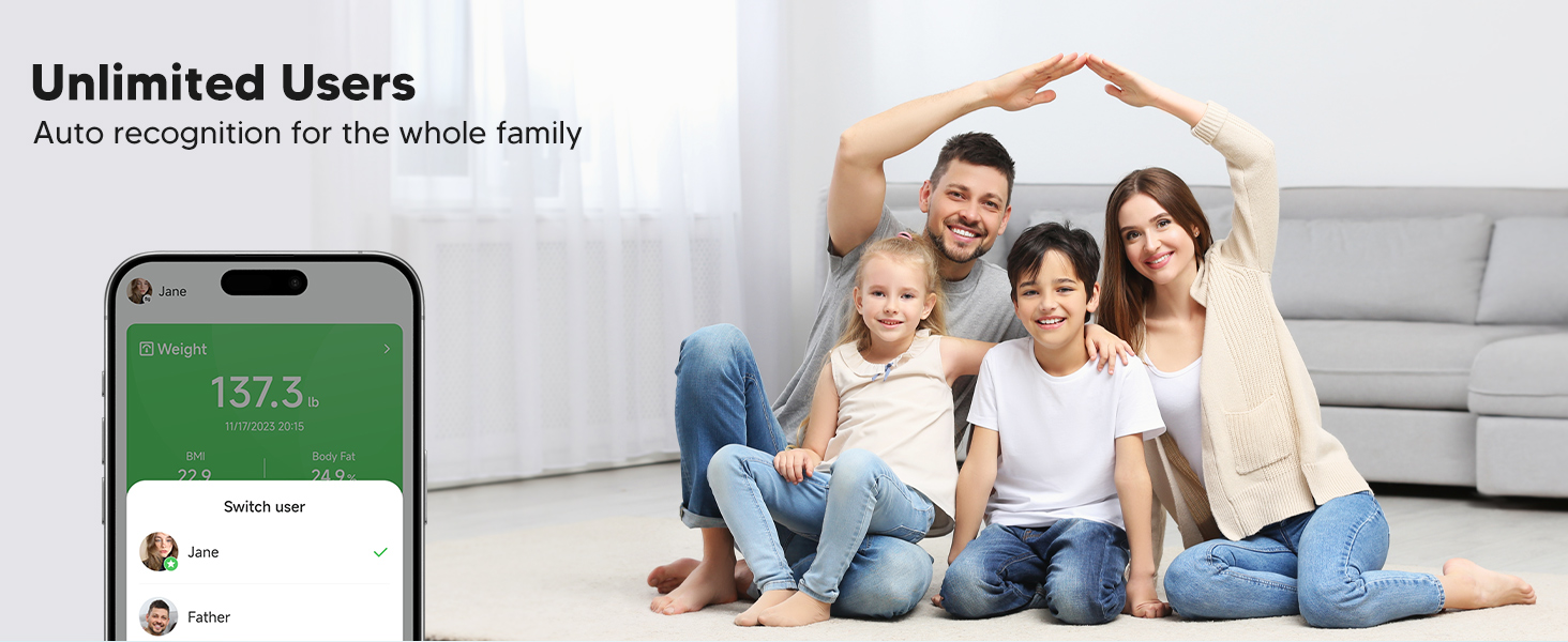 Body fat measurement device with unlimited user profiles and auto recognition for the whole family.