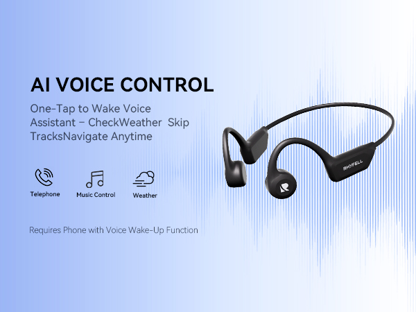Text reads 'AI VOICE CONTROL'. Product display showing wireless earbuds with icons for telephone, music note, and status symbols against light blue background.