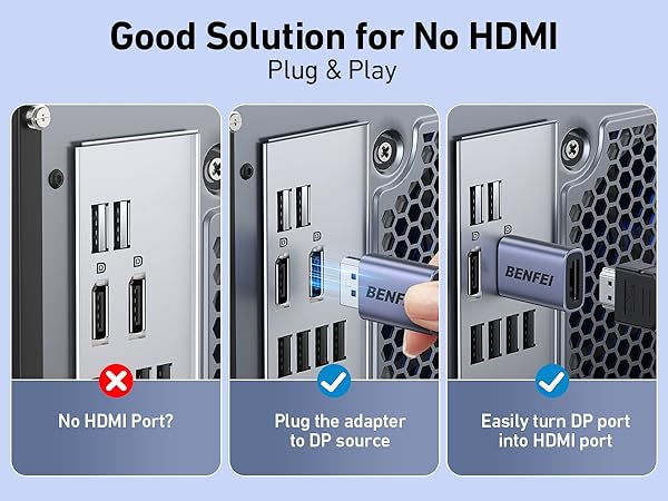 Text reads 'Good Solution for No HDMI', 'Plug &amp; Play'. Instructional diagram showing USB to HDMI port adapter installation steps with computer ports.