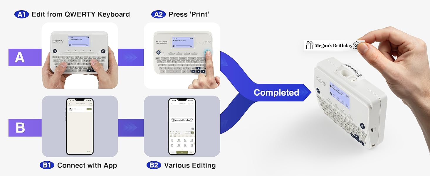 Print labels directly via QWERTY keyboard, or via Bluetooth App