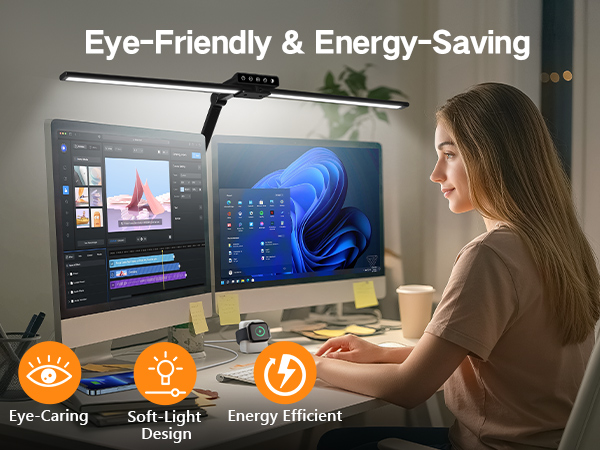 Text: 'Eye-Friendly &amp; Energy-Saving', 'Eye-Caring', 'Soft-Light Design', 'Energy Efficient'. Desktop setup with monitors showing interface screens.