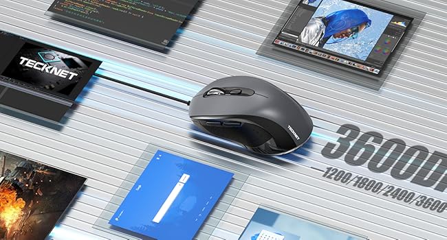 Computer mouse on a surface with various tech-related images, including a '3600DPI' label, suggesting high precision. Other tech accessories visible in the background.