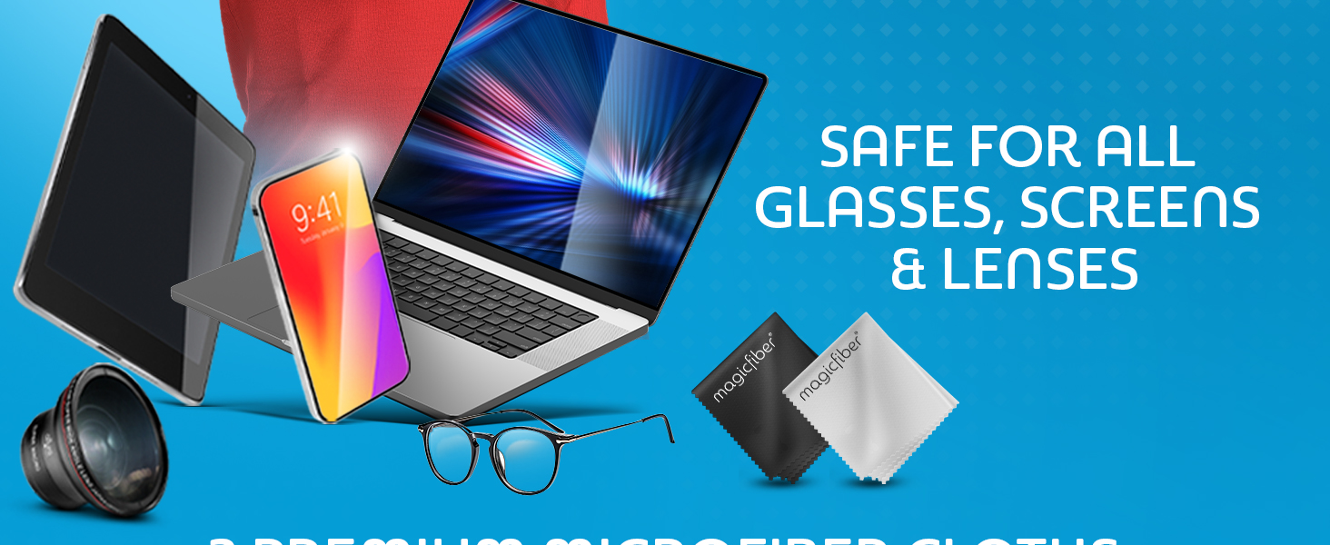 2 Premium Microfiber cloths. Safe for all Glasses, screens and lenses.