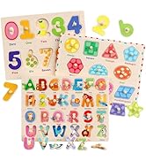 Zeoddler Wooden Montessori Puzzles for Toddlers, 3 Pack ABC, Number and Shape Puzzle for Kids, Pr...